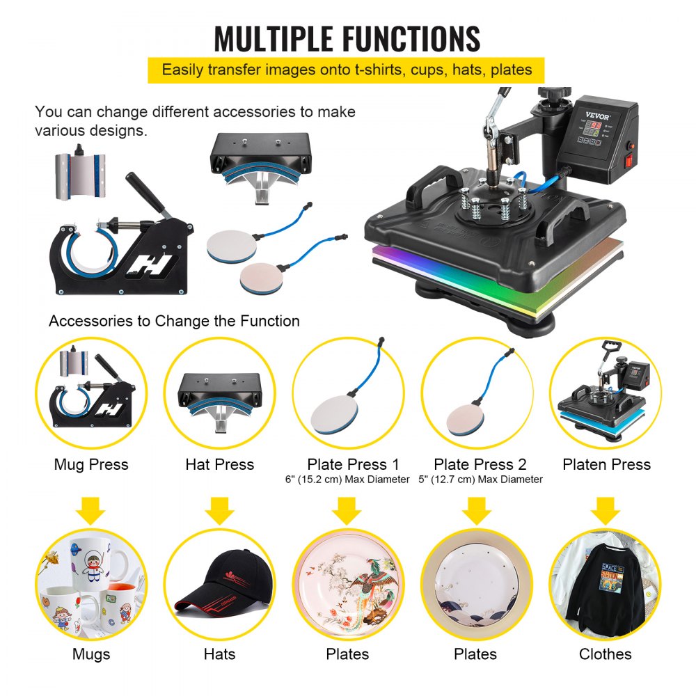 AMITOOLS Heat Press Machine, 12X15 Inch 6 in 1 Combo Digital Multifunctional Sublimation Heat Transfer Machine, 360 Degree Rotation Swing Away Heat Press for Printing T Shirts Hat Mug Cap Plate 1050W