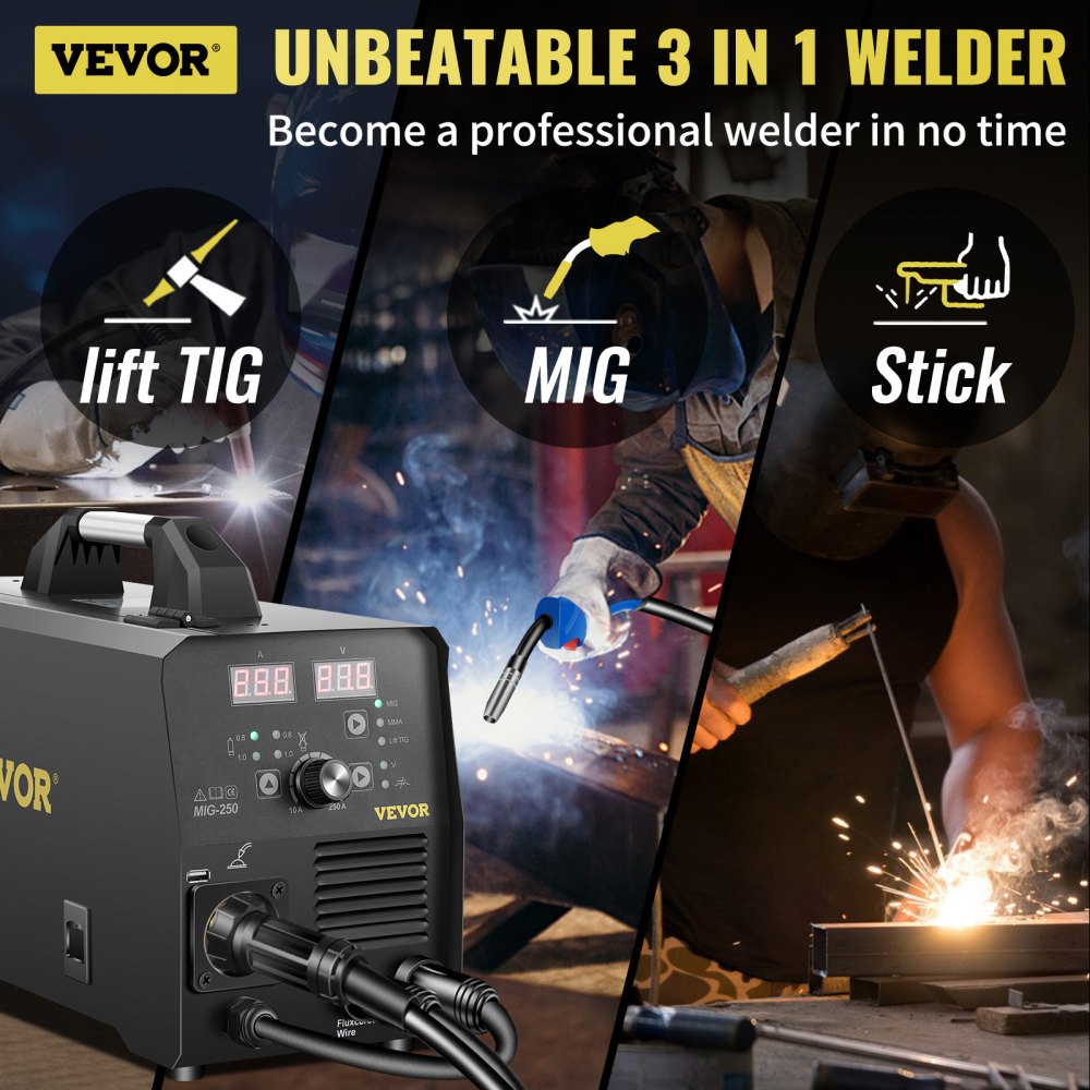 AMITOOLS 250Amp MIG Welder, Welding Machine 3 in 1, 220V Flux Core/Gas/Solid Wire Welding Machine w/IGBT Inverter & Torch, Digital MIG/Lift TIG/Stick Multiprocess Welder