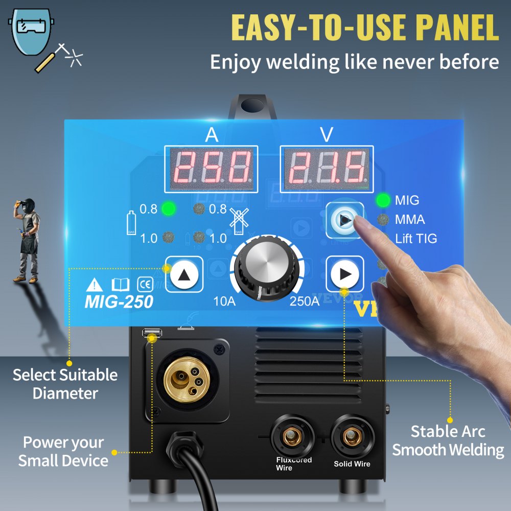 AMITOOLS 250Amp MIG Welder, Welding Machine 3 in 1, 220V Flux Core/Gas/Solid Wire Welding Machine w/IGBT Inverter & Torch, Digital MIG/Lift TIG/Stick Multiprocess Welder