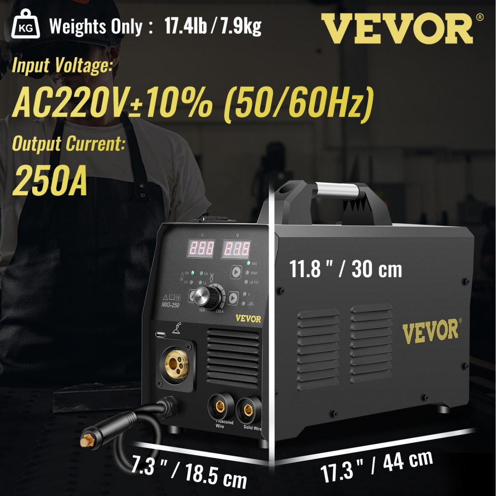 AMITOOLS 250Amp MIG Welder, Welding Machine 3 in 1, 220V Flux Core/Gas/Solid Wire Welding Machine w/IGBT Inverter & Torch, Digital MIG/Lift TIG/Stick Multiprocess Welder