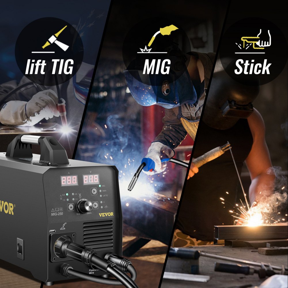 AMITOOLS 250Amp MIG Welder, Welding Machine 3 in 1, 220V Flux Core/Gas/Solid Wire Welding Machine w/IGBT Inverter & Torch, Digital MIG/Lift TIG/Stick Multiprocess Welder