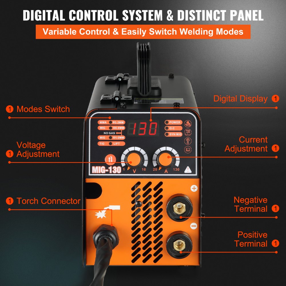 AMITOOLS MIG Welder, 130A Flux Core Welder, 3 in 1 Combo MMA/MIG/LIFT TIG Welder Machine, Portable MIG-130 Welding Machine IGBT Inverter, Automatic Wire Feeding Welder for Stainless Steel, Carbon Steel