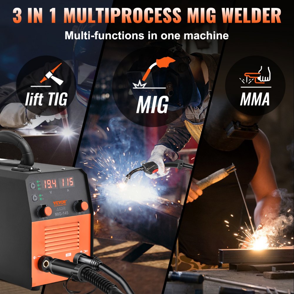 AMITOOLS 145Amp MIG Welder, Welding Machine 3 in 1, 110 V Flux Core/Solid Wire Welding Machine with IGBT Inverter & MIG Torch, Digital MIG/Lift TIG/Stick Multiprocess Welder