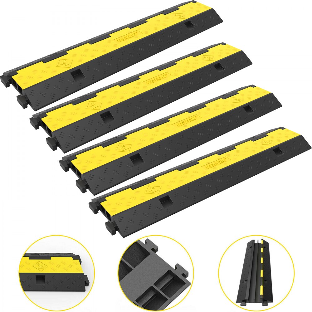 AMITOOLS Cable Protector Ramp, 4 Packs 2 Channels Speed Bump Hump, Rubber Modular Speed Bump Rated 11000 LBS Load Capacity, Protective Wire Cord Ramp Driveway Rubber Traffic Speed Bumps Cable Protector