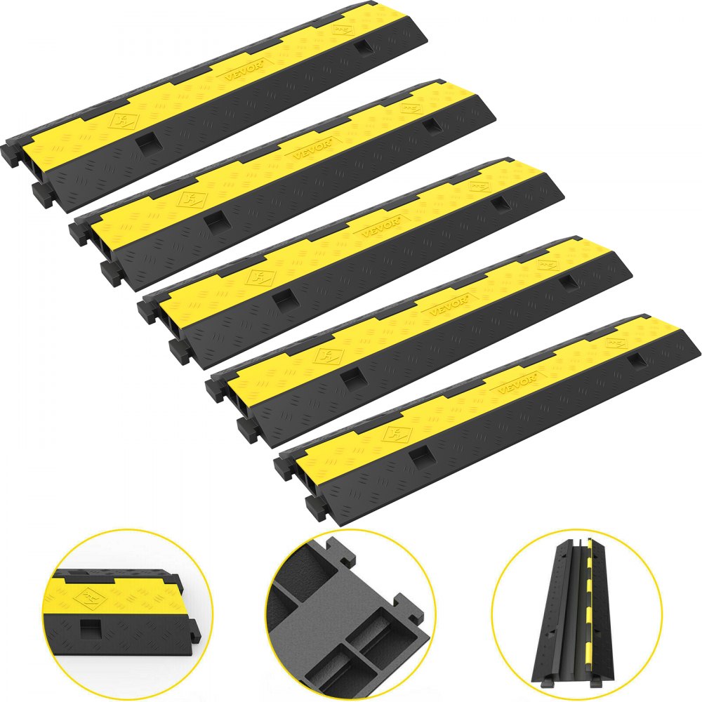 AMITOOLS Cable Protector Ramp, 5 Packs 2 Channels Speed Bump Hump, Rubber Modular Speed Bump Rated 11000 LBS Load Capacity, Protective Wire Cord Ramp Driveway Rubber Traffic Speed Bumps Cable Protector