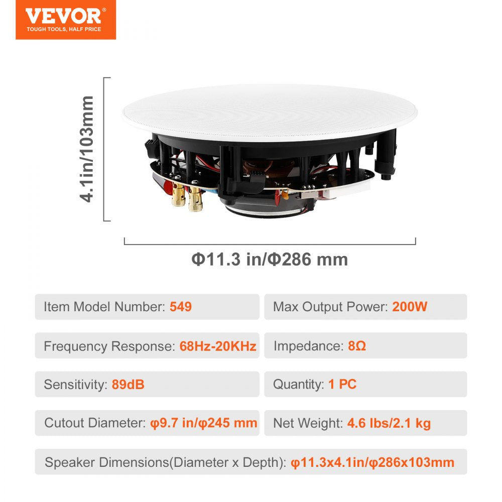 AMITOOLS 8 Inch in Ceiling Speakers, 200-Watts, Flush Mount Ceiling & in-Wall Speakers System with 8ΩImpedance 89dB Sensitivity, for Home Kitchen Living Room Bedroom or Covered Outdoor Porches, Single