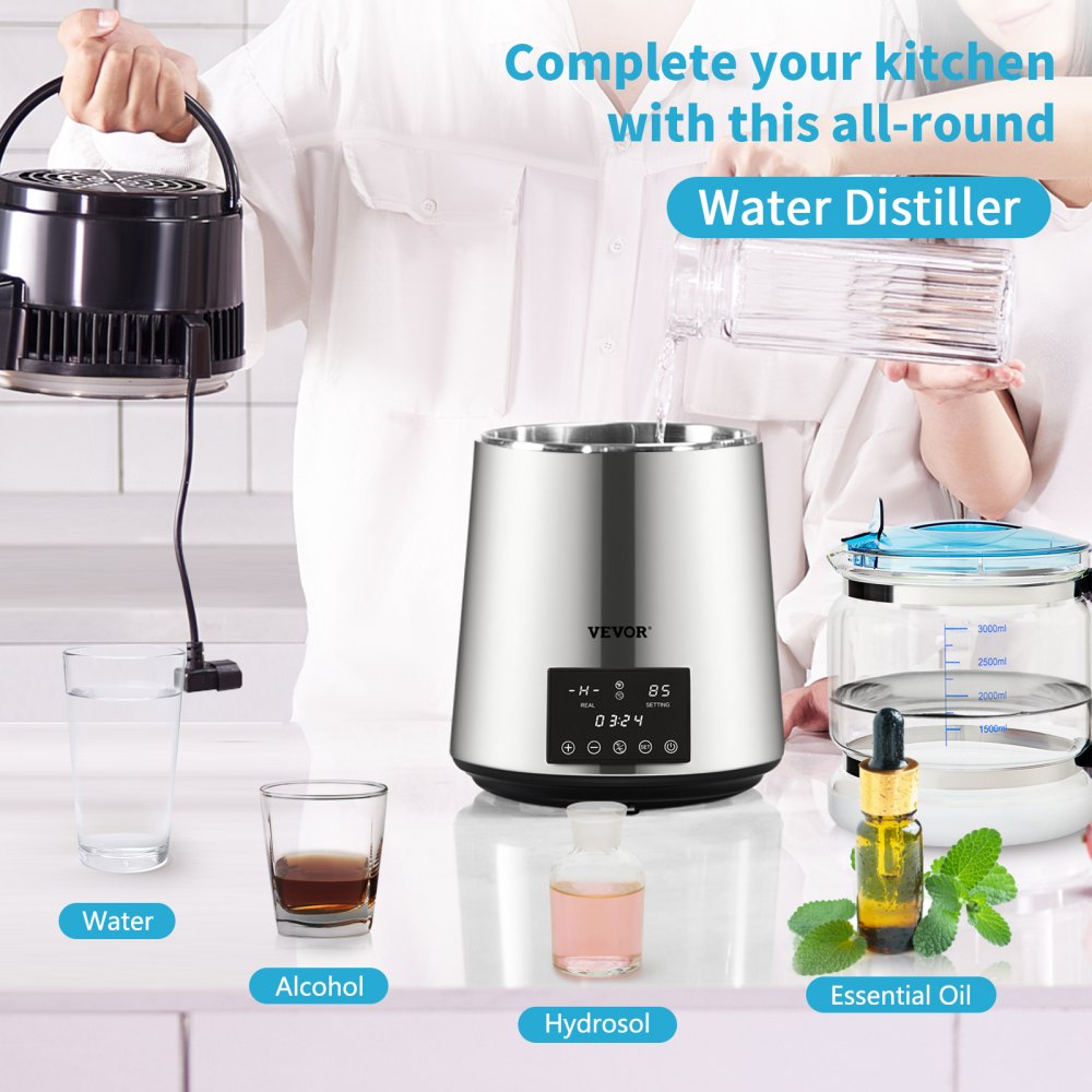 AMITOOLS 1.1Gal Water Distiller, 0.3Gal/H, 750W Distilled Water Maker Machine 0-99H Timing Dual Temp Display, 304 Stainless Steel Countertop Distiller Glass Carafe Cleaning Powder 3 Carbon Packs, Silver