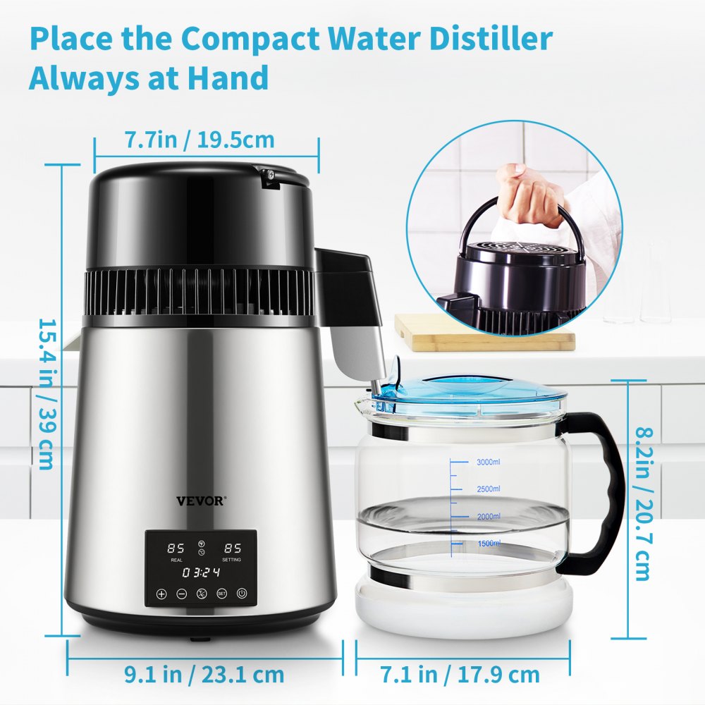 AMITOOLS 1.1Gal Water Distiller, 0.3Gal/H, 750W Distilled Water Maker Machine 0-99H Timing Dual Temp Display, 304 Stainless Steel Countertop Distiller Glass Carafe Cleaning Powder 3 Carbon Packs, Silver