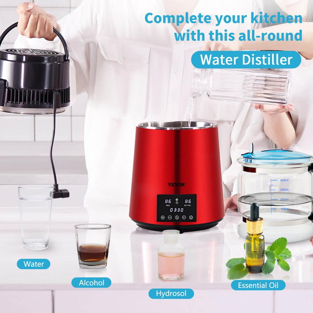 AMITOOLS 1.1Gal Water Distiller, 0.3Gal/H, 750W Distilled Water Maker Machine 0-99H Timing Dual Temp Display, 304 Stainless Steel Countertop Distiller Glass Carafe Cleaning Powder 3 Carbon Packs, Red