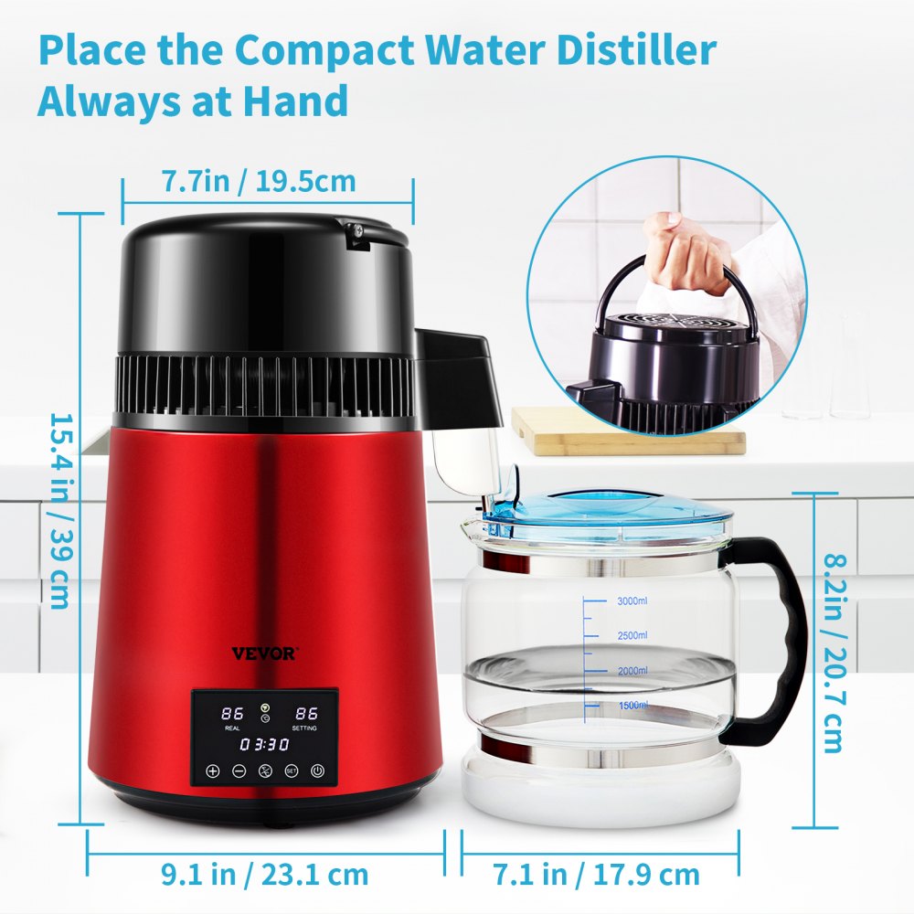 AMITOOLS 1.1Gal Water Distiller, 0.3Gal/H, 750W Distilled Water Maker Machine 0-99H Timing Dual Temp Display, 304 Stainless Steel Countertop Distiller Glass Carafe Cleaning Powder 3 Carbon Packs, Red