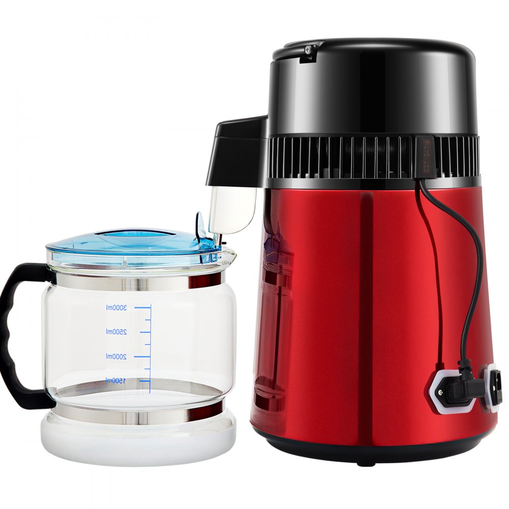 AMITOOLS 1.1Gal Water Distiller, 0.3Gal/H, 750W Distilled Water Maker Machine 0-99H Timing Dual Temp Display, 304 Stainless Steel Countertop Distiller Glass Carafe Cleaning Powder 3 Carbon Packs, Red