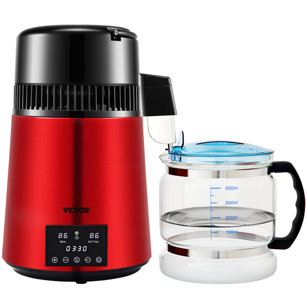 AMITOOLS 1.1Gal Water Distiller, 0.3Gal/H, 750W Distilled Water Maker Machine 0-99H Timing Dual Temp Display, 304 Stainless Steel Countertop Distiller Glass Carafe Cleaning Powder 3 Carbon Packs, Red