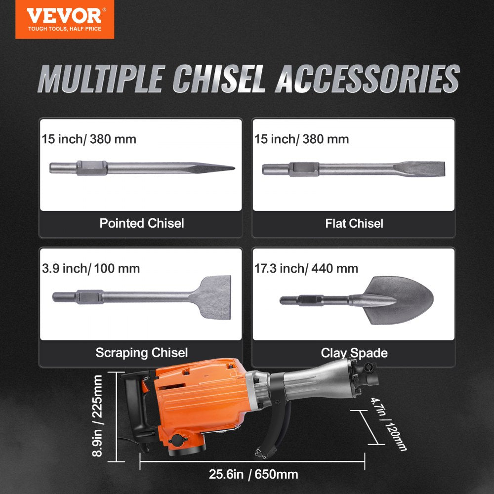 AMITOOLS Demolition Jack Hammer, 2200W 1400 BPM Jack Hammer Concrete Breaker, Heavy Duty Electric Jack Hammer 6pcs Chisels Bit with Gloves, 360°C Swiveling Front Handle for Trenching and Breaking Holes