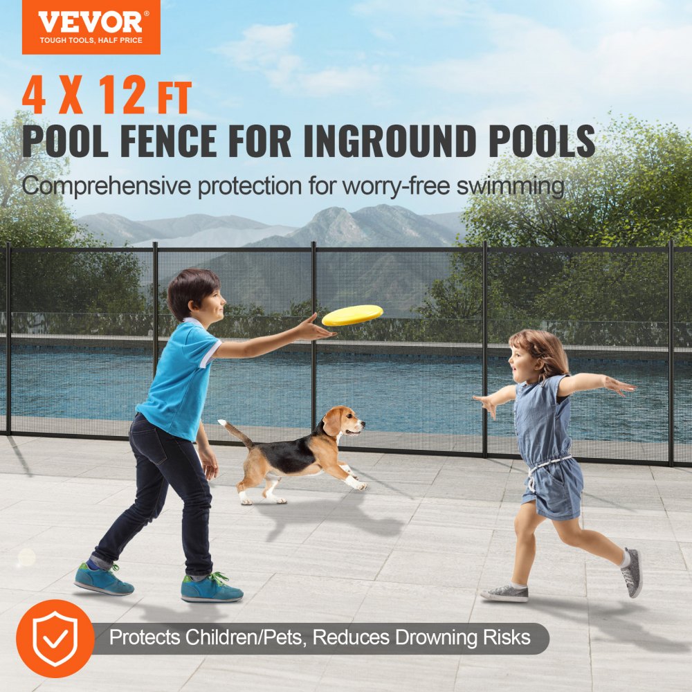 AMITOOLS Pool Fence, 4 x 12 FT Pool Fences for Inground Pools, Removable Child Safety Pool Fencing, Easy DIY Installation Swimming Pool Fence, 340gms Teslin PVC Pool Fence Mesh Protects Kids and Pets