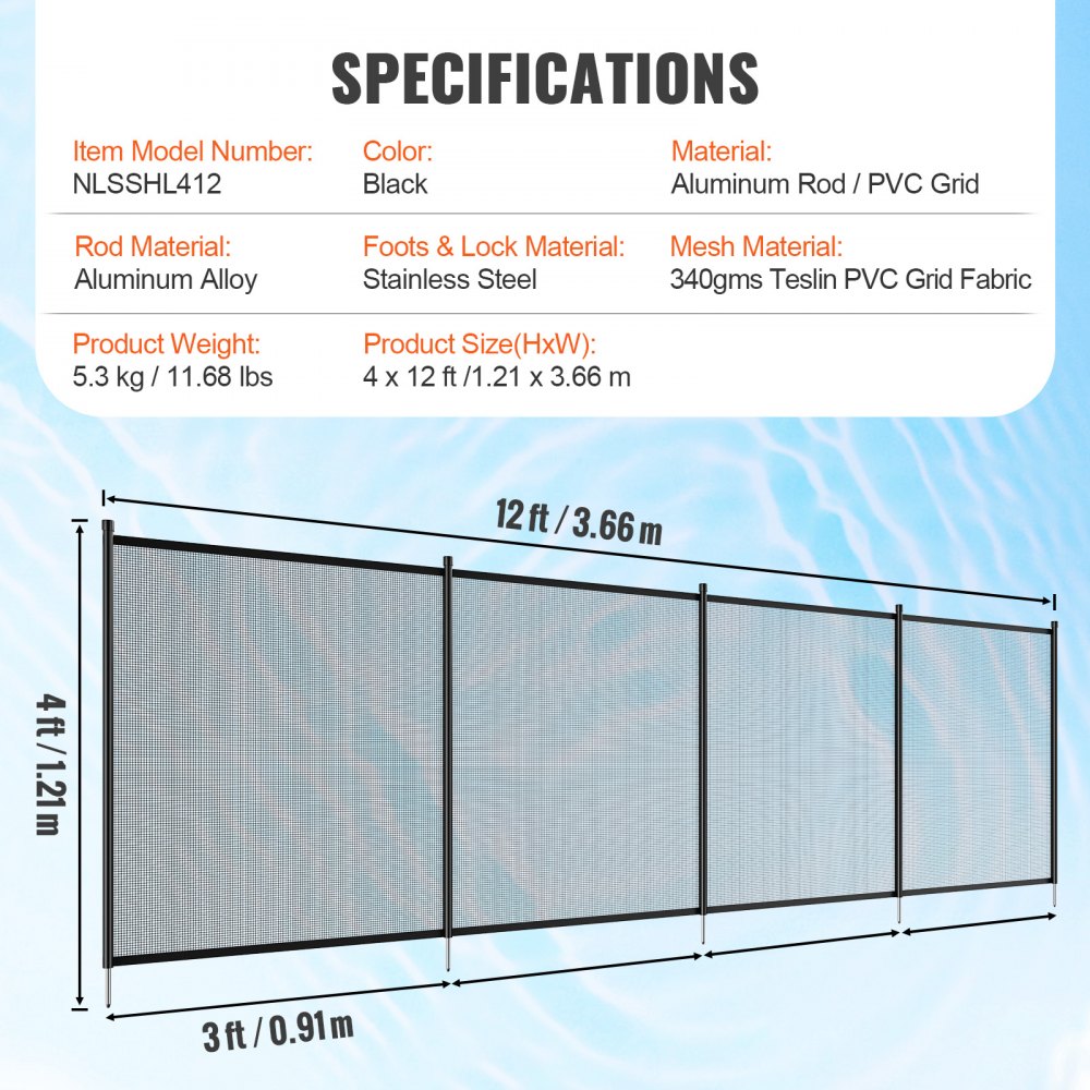 AMITOOLS Pool Fence, 4 x 12 FT Pool Fences for Inground Pools, Removable Child Safety Pool Fencing, Easy DIY Installation Swimming Pool Fence, 340gms Teslin PVC Pool Fence Mesh Protects Kids and Pets