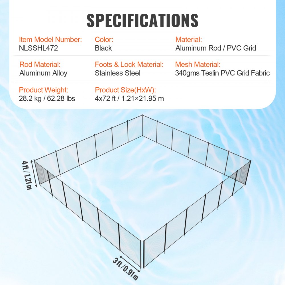 AMITOOLS Pool Fence, 4 x 72 FT Pool Fences for Inground Pools, Removable Child Safety Pool Fencing, Easy DIY Installation Swimming Pool Fence, 340gms Teslin PVC Pool Fence Mesh Protects Kids and Pets