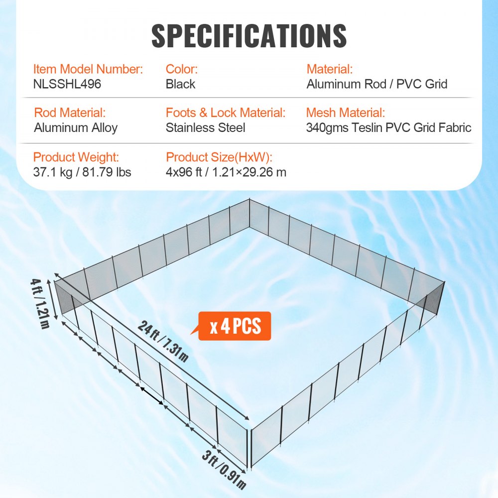 AMITOOLS Pool Fence, 4 x 96 FT Pool Fences for Inground Pools, Removable Child Safety Pool Fencing, Easy DIY Installation Swimming Pool Fence, 340gms Teslin PVC Pool Fence Mesh Protects Kids and Pets