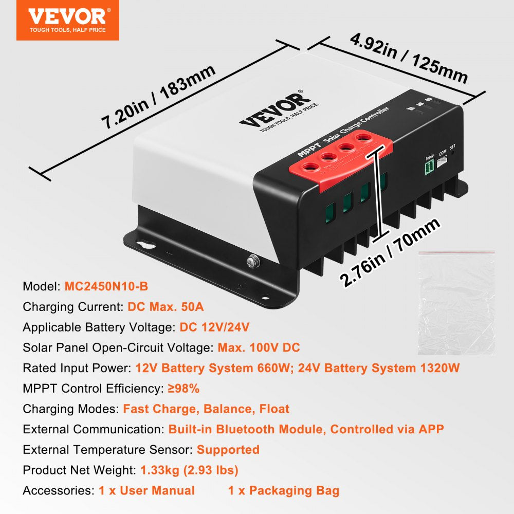 AMITOOLS 50A MPPT Solar Charge Controller, 12V / 24V Auto DC Input, Solar Panel Regulator Charger with Bluetooth Module, 98% Charging Efficiency for Sealed(AGM), Gel, Flooded and Lithium Battery Charging