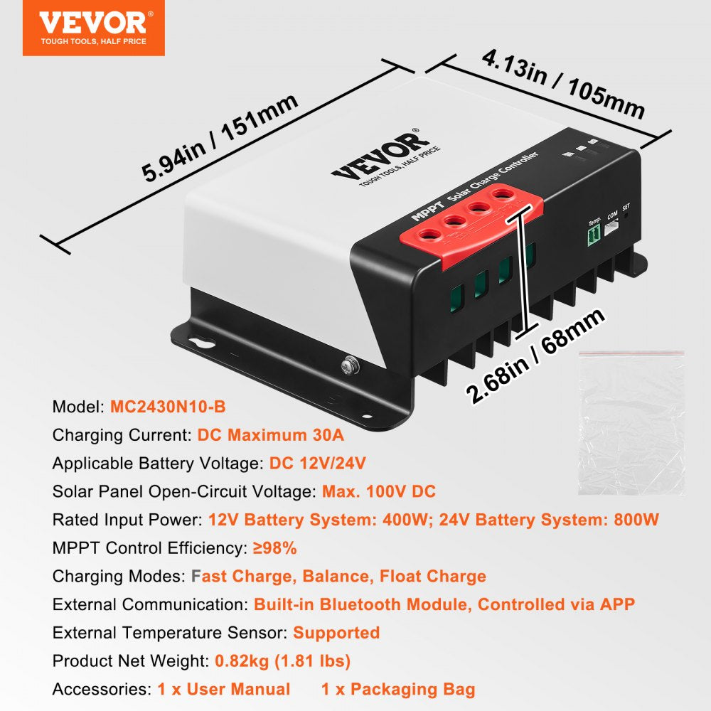 AMITOOLS 30A MPPT Solar Charge Controller, 12V / 24V Auto DC Input, Solar Panel Regulator Charger with Bluetooth Module, 98% Charging Efficiency for Sealed(AGM), Gel, Flooded and Lithium Battery Charging