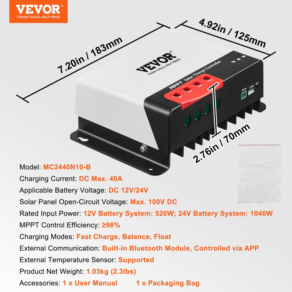 AMITOOLS 40A MPPT Solar Charge Controller, 12V / 24V Auto DC Input, Solar Panel Regulator Charger with Bluetooth Module, 98% Charging Efficiency for Sealed(AGM), Gel, Flooded and Lithium Battery Charging