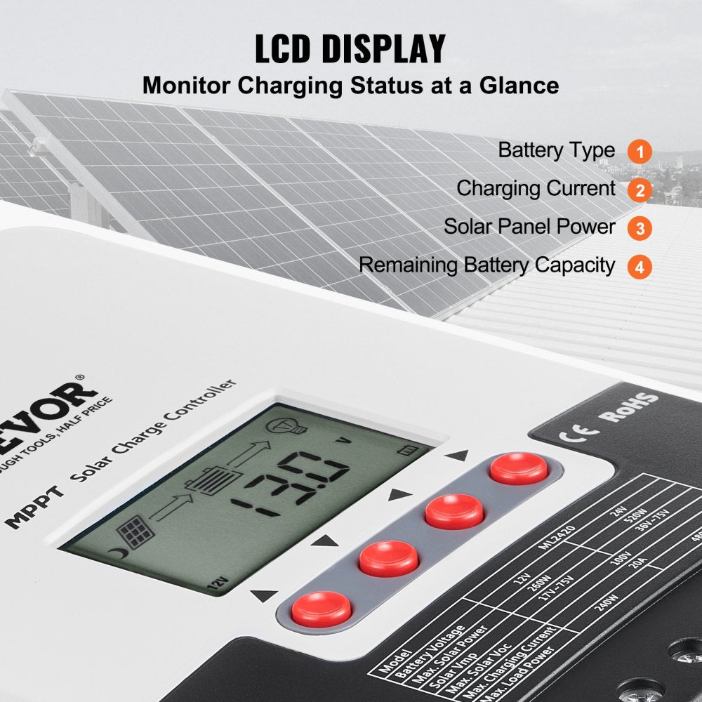 AMITOOLS 20A MPPT Solar Charge Controller, 12V / 24V Auto DC Input, Solar Panel Regulator Charger with LCD Display Temperature Sensor Cable, for Sealed(AGM), Gel, Flooded and Lithium Battery Charging