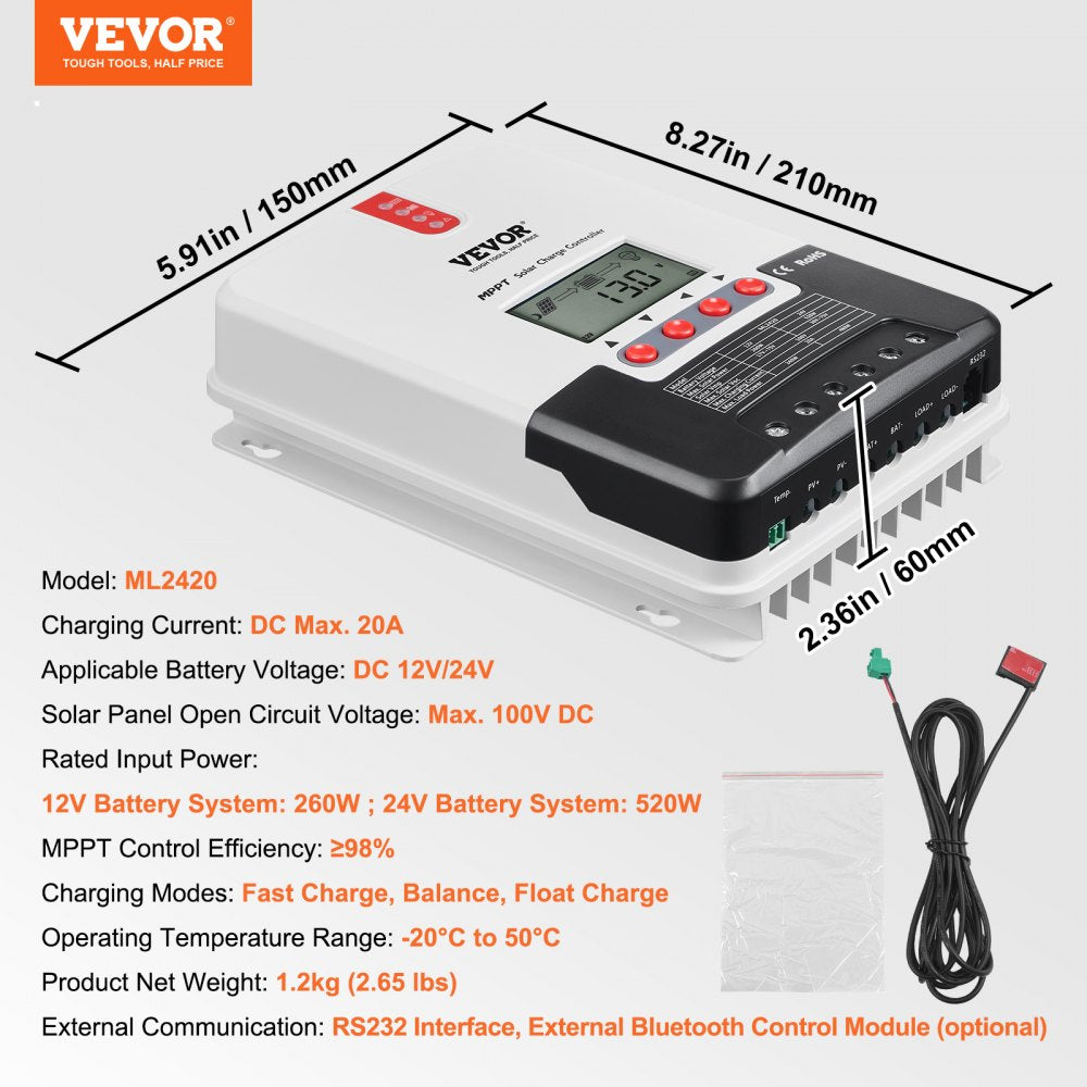 AMITOOLS 20A MPPT Solar Charge Controller, 12V / 24V Auto DC Input, Solar Panel Regulator Charger with LCD Display Temperature Sensor Cable, for Sealed(AGM), Gel, Flooded and Lithium Battery Charging