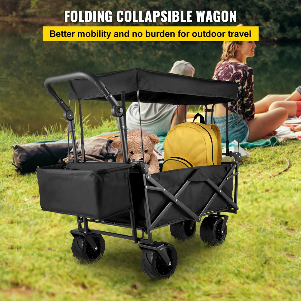 AMITOOLS Extra Large Collapsible Garden Cart with Removable Canopy, Folding Wagon Utility Carts with Wheels and Rear Storage, Wagon Cart for Garden, Camping, Grocery Cart, Shopping Cart, Black