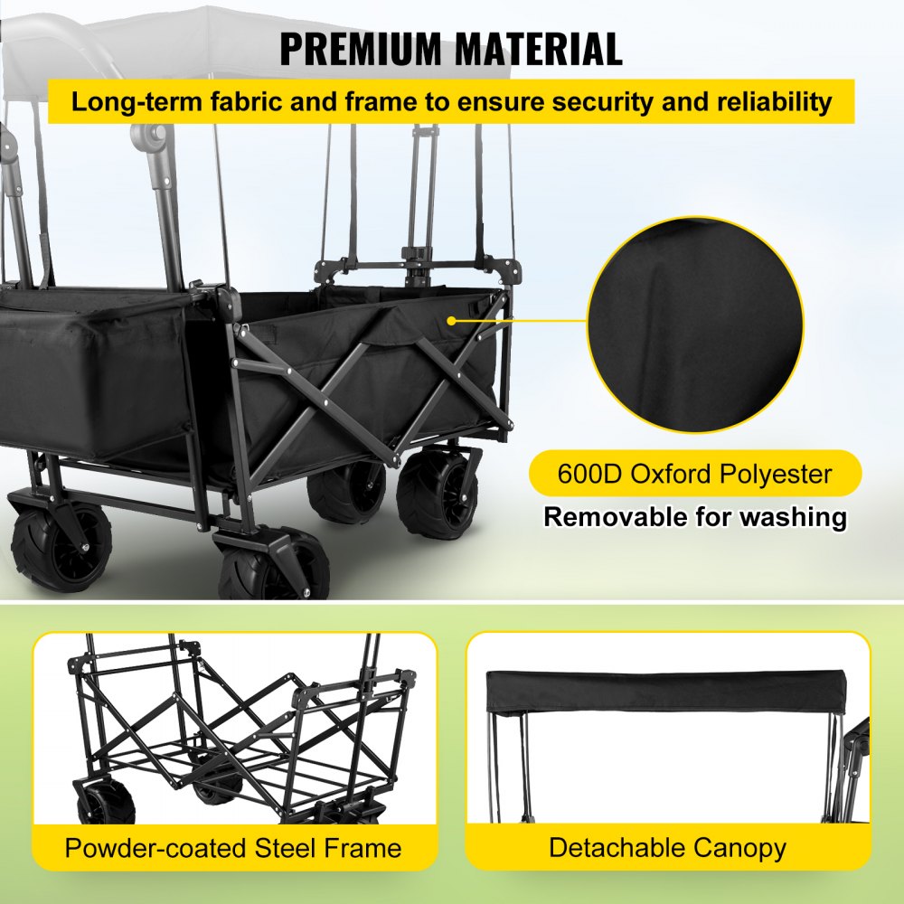 AMITOOLS Extra Large Collapsible Garden Cart with Removable Canopy, Folding Wagon Utility Carts with Wheels and Rear Storage, Wagon Cart for Garden, Camping, Grocery Cart, Shopping Cart, Black