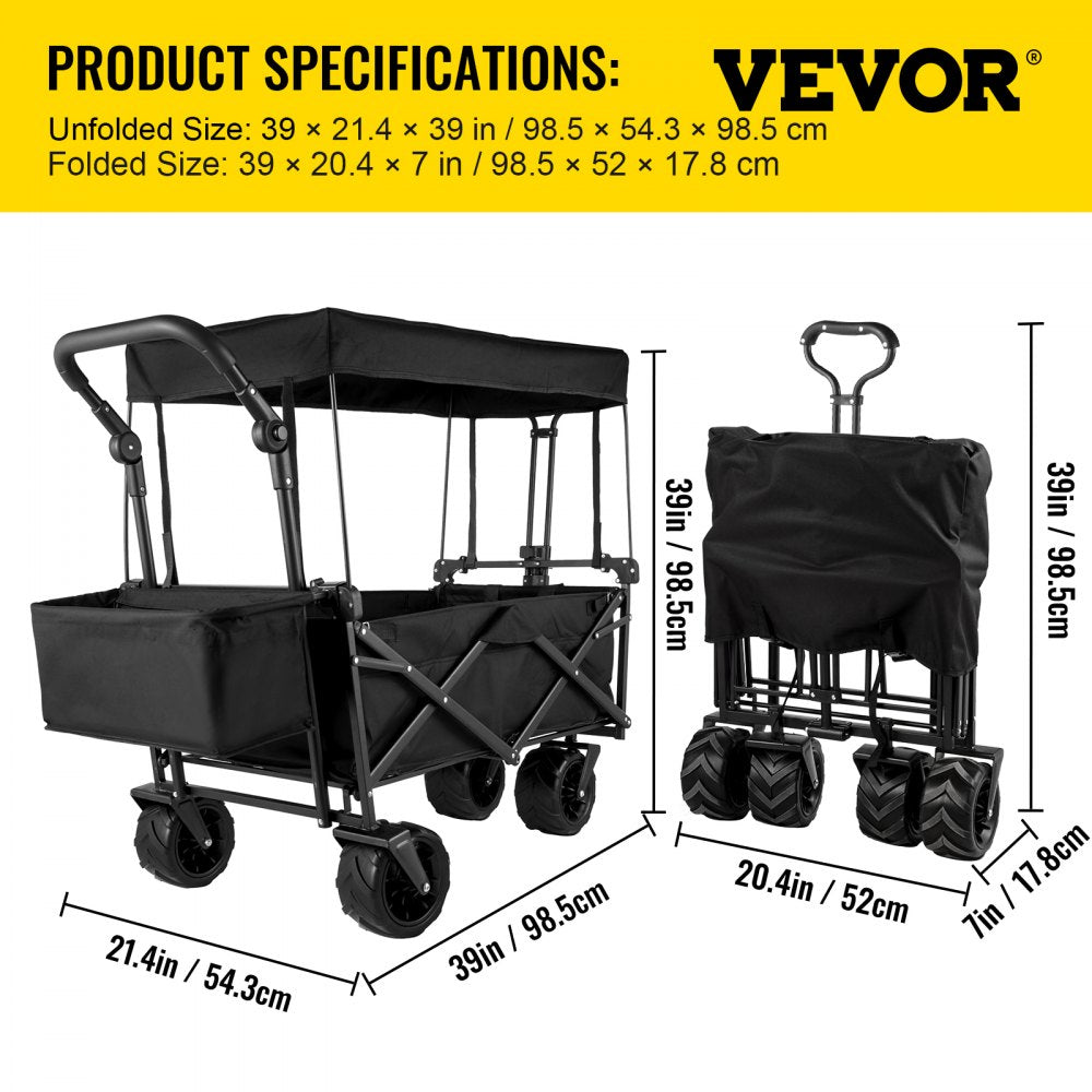 AMITOOLS Extra Large Collapsible Garden Cart with Removable Canopy, Folding Wagon Utility Carts with Wheels and Rear Storage, Wagon Cart for Garden, Camping, Grocery Cart, Shopping Cart, Black