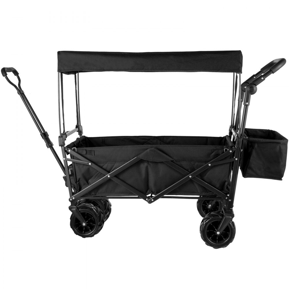 AMITOOLS Extra Large Collapsible Garden Cart with Removable Canopy, Folding Wagon Utility Carts with Wheels and Rear Storage, Wagon Cart for Garden, Camping, Grocery Cart, Shopping Cart, Black