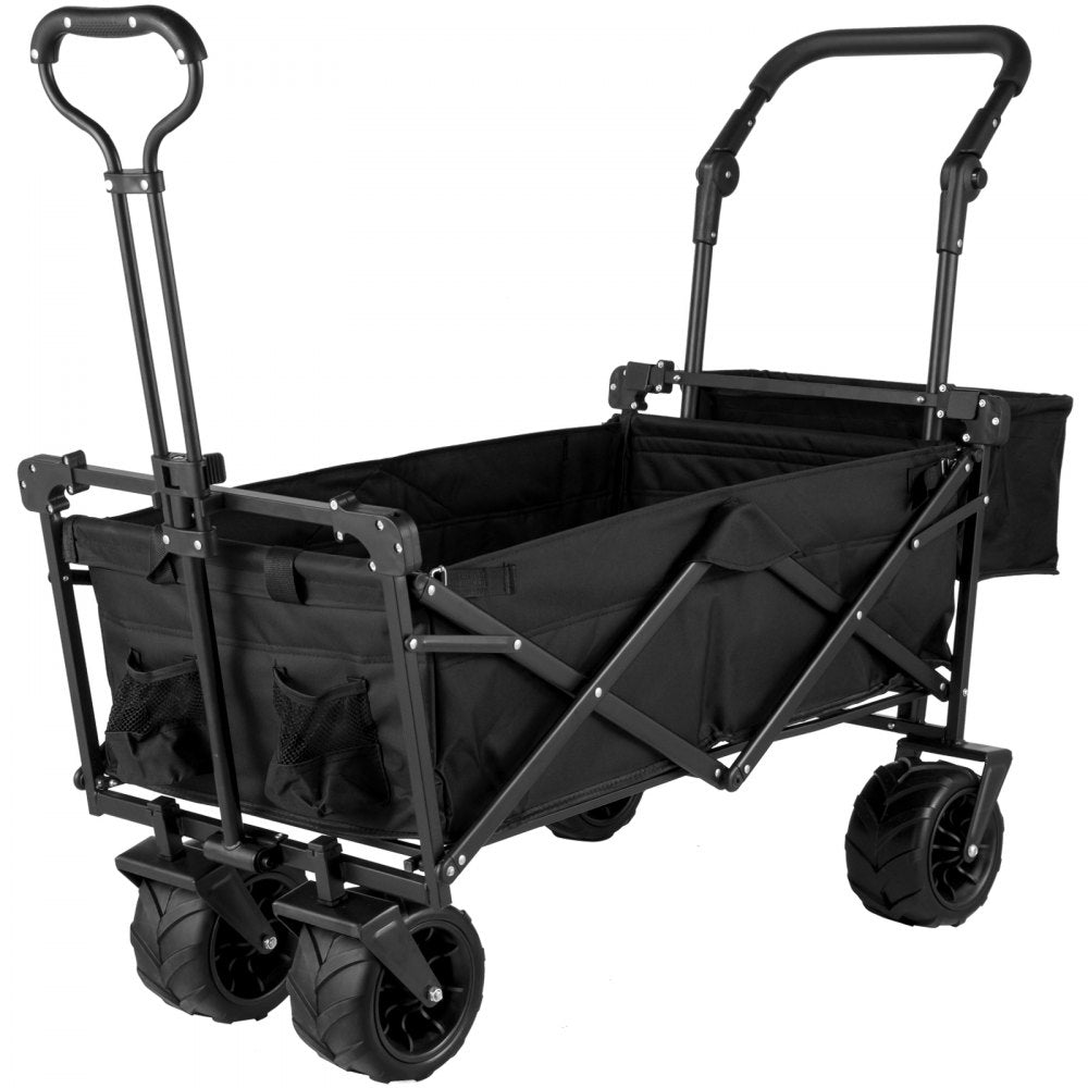 AMITOOLS Extra Large Collapsible Garden Cart with Removable Canopy, Folding Wagon Utility Carts with Wheels and Rear Storage, Wagon Cart for Garden, Camping, Grocery Cart, Shopping Cart, Black