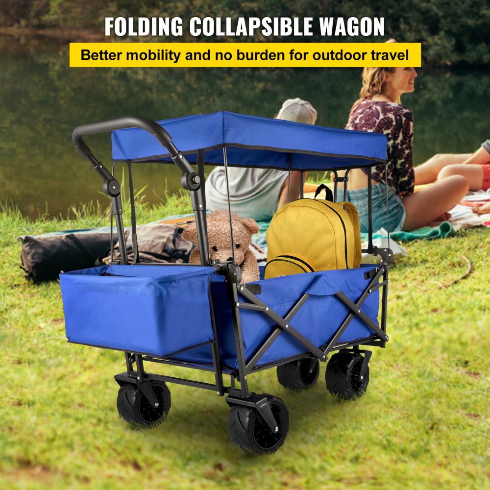 AMITOOLS Extra Large Collapsible Garden Cart with Removable Canopy, Folding Wagon Utility Carts with Wheels and Rear Storage, Wagon Cart for Garden, Camping, Grocery Cart, Shopping Cart, Blue