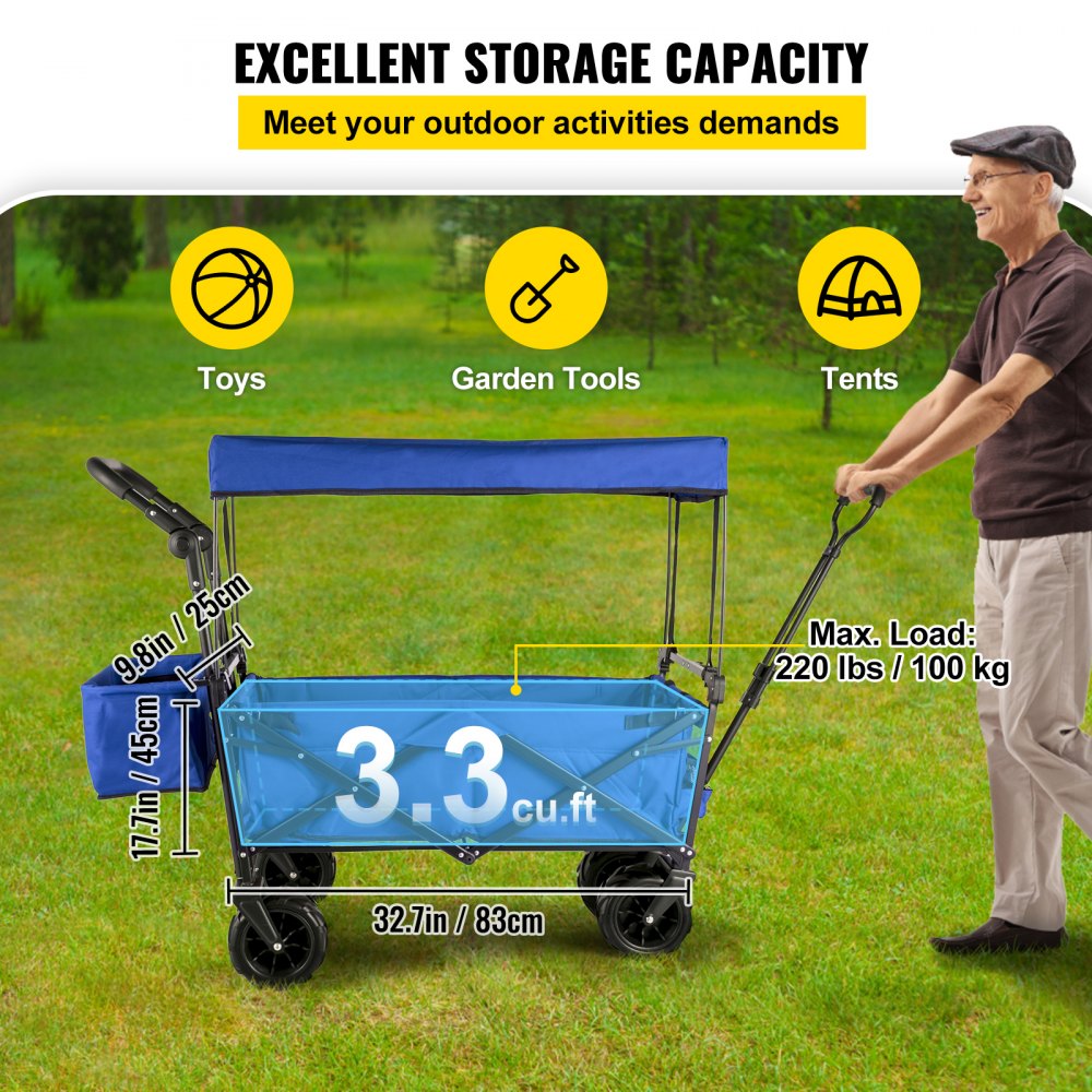 AMITOOLS Extra Large Collapsible Garden Cart with Removable Canopy, Folding Wagon Utility Carts with Wheels and Rear Storage, Wagon Cart for Garden, Camping, Grocery Cart, Shopping Cart, Blue