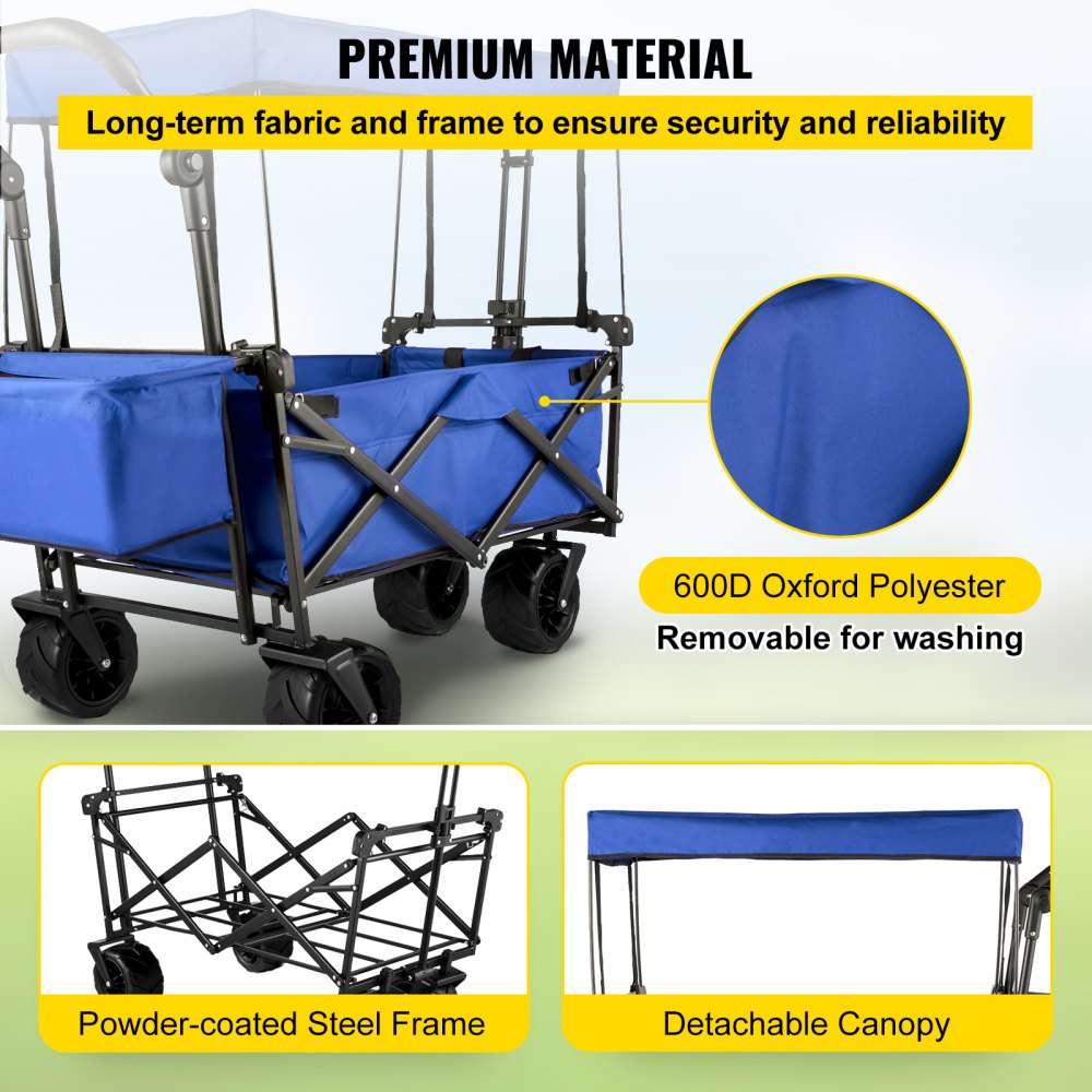 AMITOOLS Extra Large Collapsible Garden Cart with Removable Canopy, Folding Wagon Utility Carts with Wheels and Rear Storage, Wagon Cart for Garden, Camping, Grocery Cart, Shopping Cart, Blue