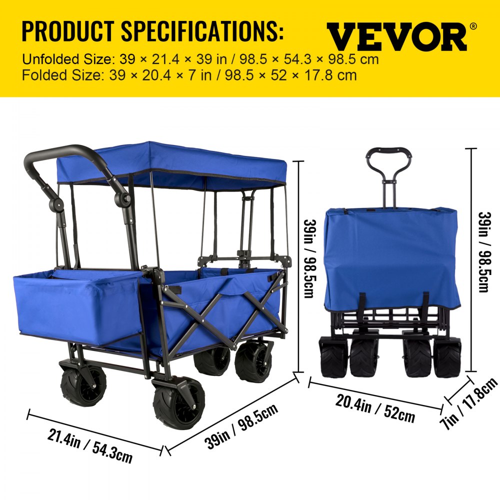 AMITOOLS Extra Large Collapsible Garden Cart with Removable Canopy, Folding Wagon Utility Carts with Wheels and Rear Storage, Wagon Cart for Garden, Camping, Grocery Cart, Shopping Cart, Blue