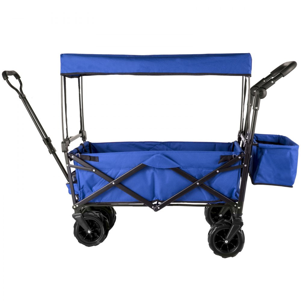 AMITOOLS Extra Large Collapsible Garden Cart with Removable Canopy, Folding Wagon Utility Carts with Wheels and Rear Storage, Wagon Cart for Garden, Camping, Grocery Cart, Shopping Cart, Blue