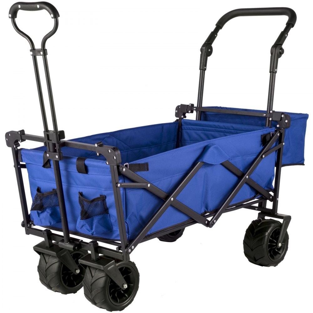 AMITOOLS Extra Large Collapsible Garden Cart with Removable Canopy, Folding Wagon Utility Carts with Wheels and Rear Storage, Wagon Cart for Garden, Camping, Grocery Cart, Shopping Cart, Blue