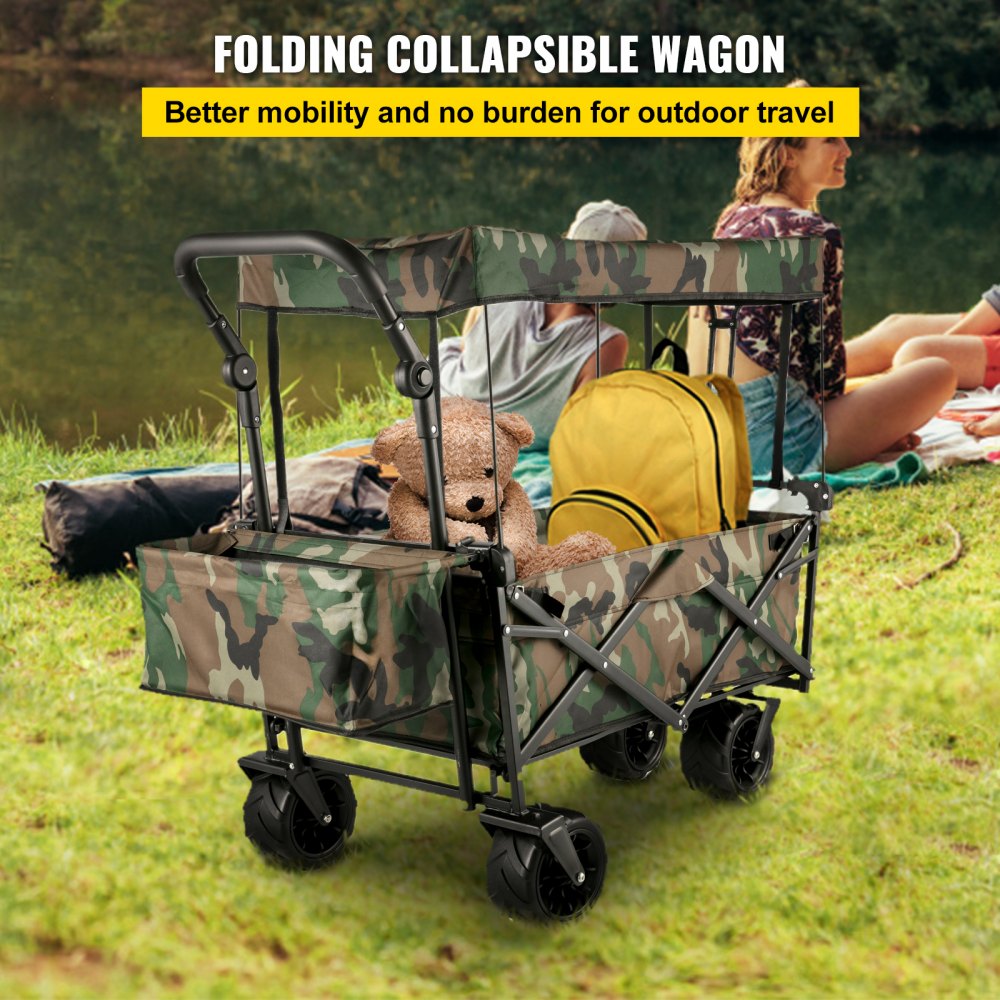 AMITOOLS Collapsible Folding Wagon with Removable Canopy, Heavy Duty Foldable Wagon Utility Cart for Garden, Camping, Grocery Cart, Beach Wagon Cart with Wheels and Rear Storage, Camouflage