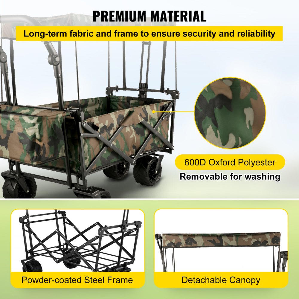 AMITOOLS Collapsible Folding Wagon with Removable Canopy, Heavy Duty Foldable Wagon Utility Cart for Garden, Camping, Grocery Cart, Beach Wagon Cart with Wheels and Rear Storage, Camouflage