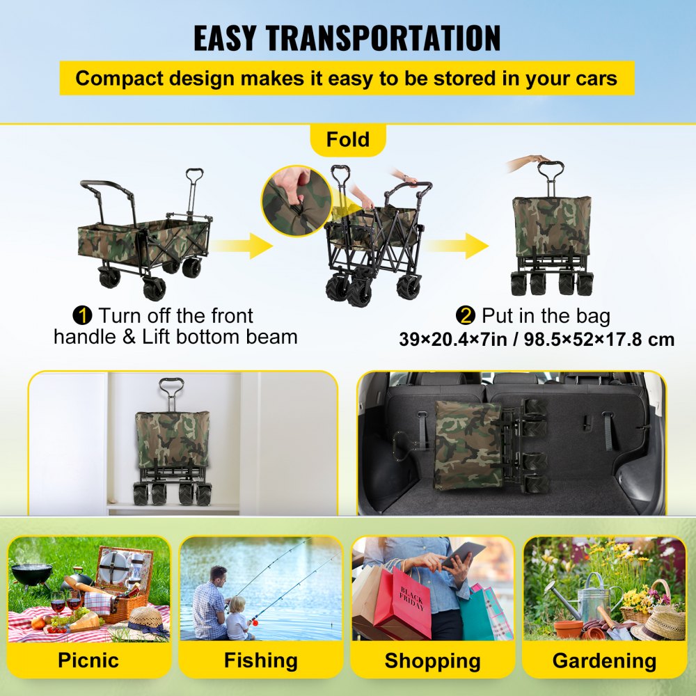 AMITOOLS Collapsible Folding Wagon with Removable Canopy, Heavy Duty Foldable Wagon Utility Cart for Garden, Camping, Grocery Cart, Beach Wagon Cart with Wheels and Rear Storage, Camouflage