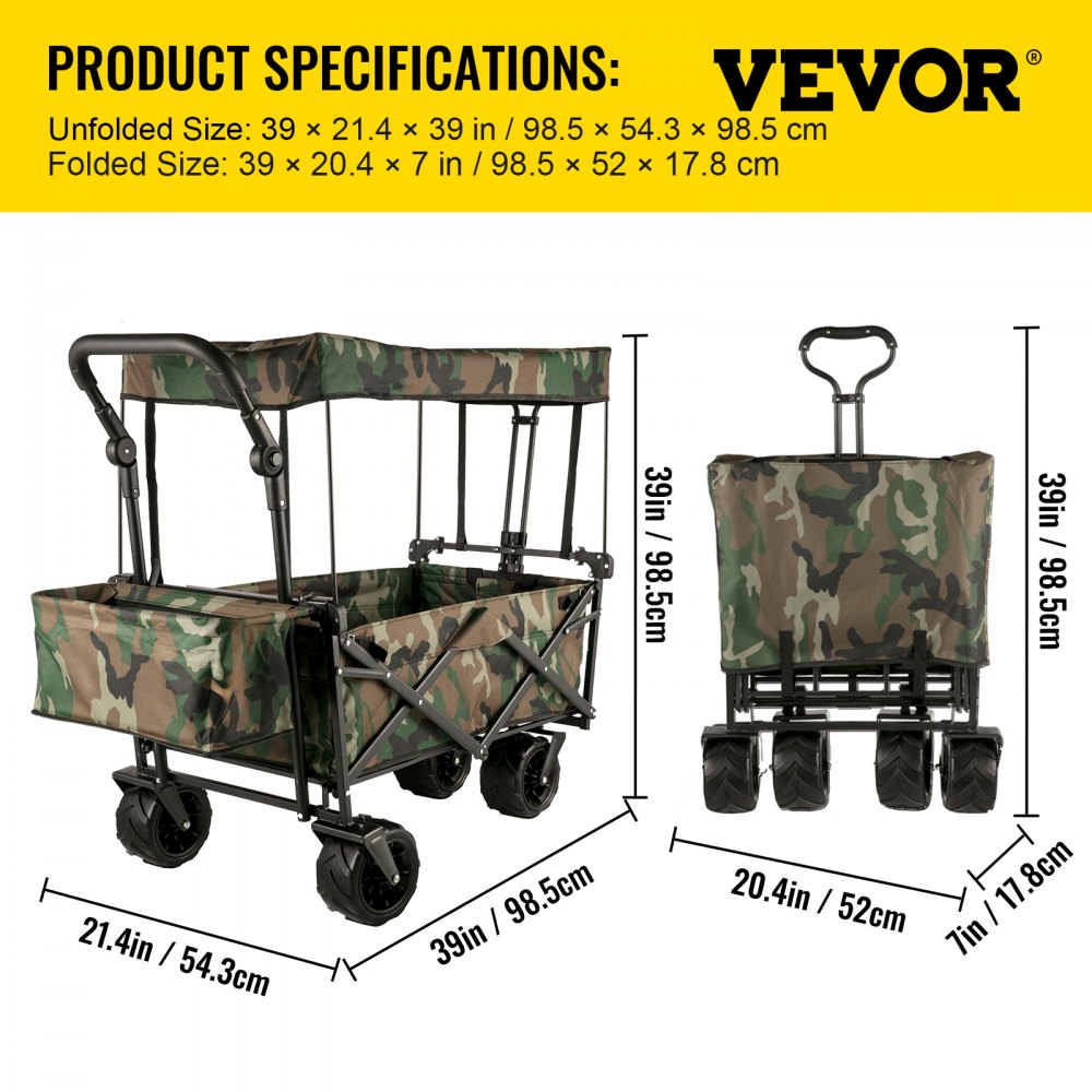 AMITOOLS Collapsible Folding Wagon with Removable Canopy, Heavy Duty Foldable Wagon Utility Cart for Garden, Camping, Grocery Cart, Beach Wagon Cart with Wheels and Rear Storage, Camouflage