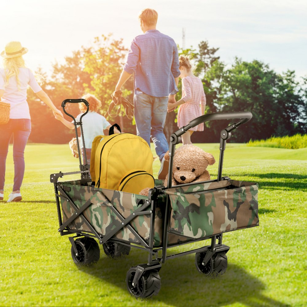 AMITOOLS Collapsible Folding Wagon with Removable Canopy, Heavy Duty Foldable Wagon Utility Cart for Garden, Camping, Grocery Cart, Beach Wagon Cart with Wheels and Rear Storage, Camouflage