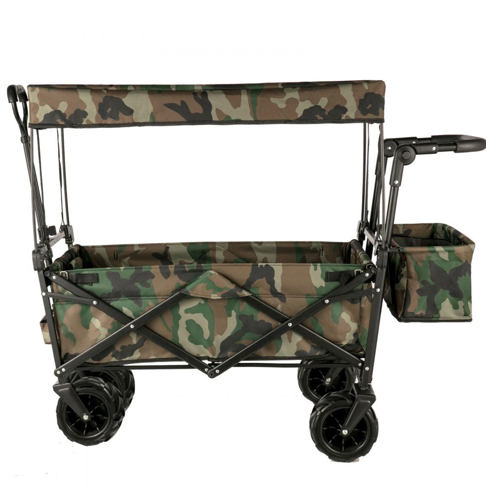 AMITOOLS Collapsible Folding Wagon with Removable Canopy, Heavy Duty Foldable Wagon Utility Cart for Garden, Camping, Grocery Cart, Beach Wagon Cart with Wheels and Rear Storage, Camouflage