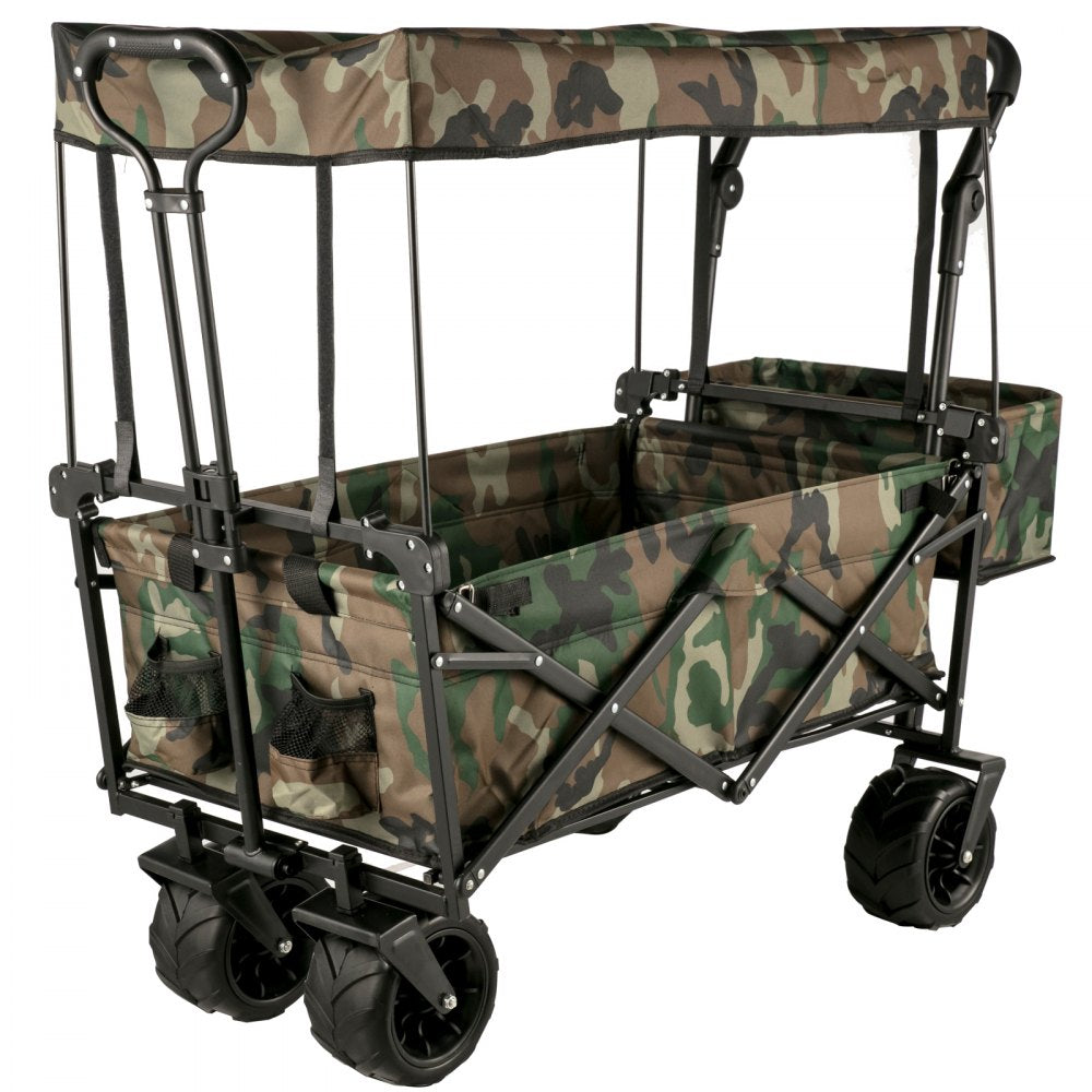 AMITOOLS Collapsible Folding Wagon with Removable Canopy, Heavy Duty Foldable Wagon Utility Cart for Garden, Camping, Grocery Cart, Beach Wagon Cart with Wheels and Rear Storage, Camouflage