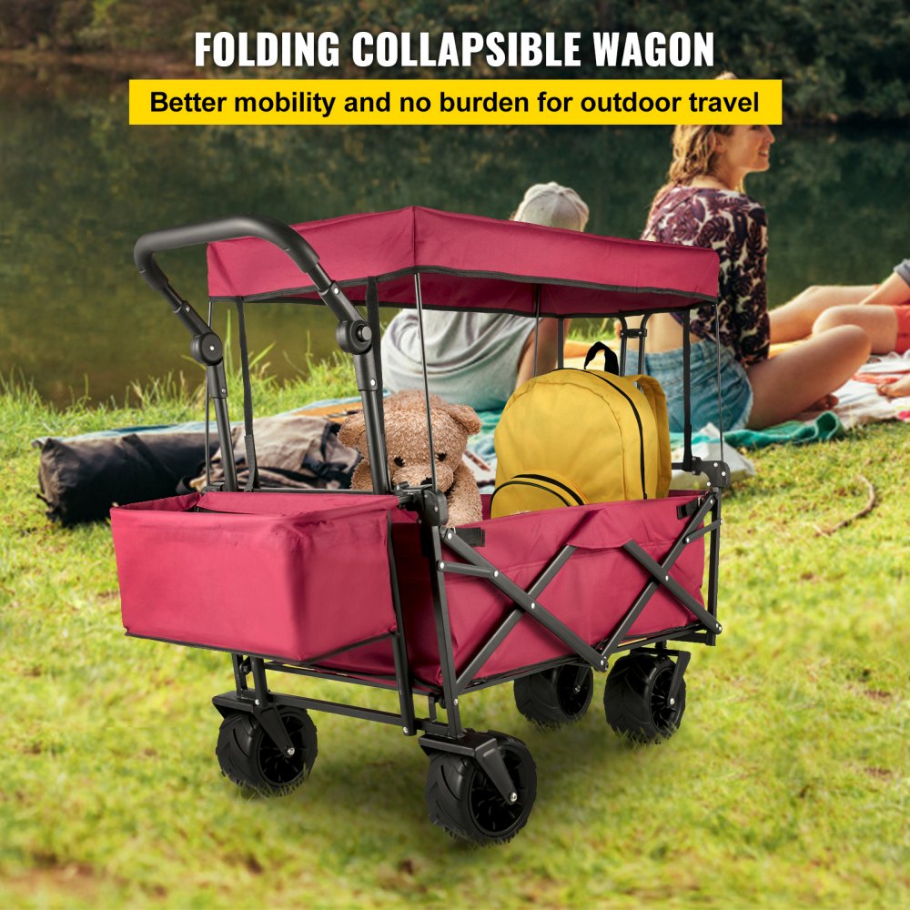 AMITOOLS Extra Large Collapsible Garden Cart with Removable Canopy, Folding Wagon Utility Carts with Wheels and Rear Storage, Wagon Cart for Garden, Camping, Grocery Cart, Shopping Cart, Red