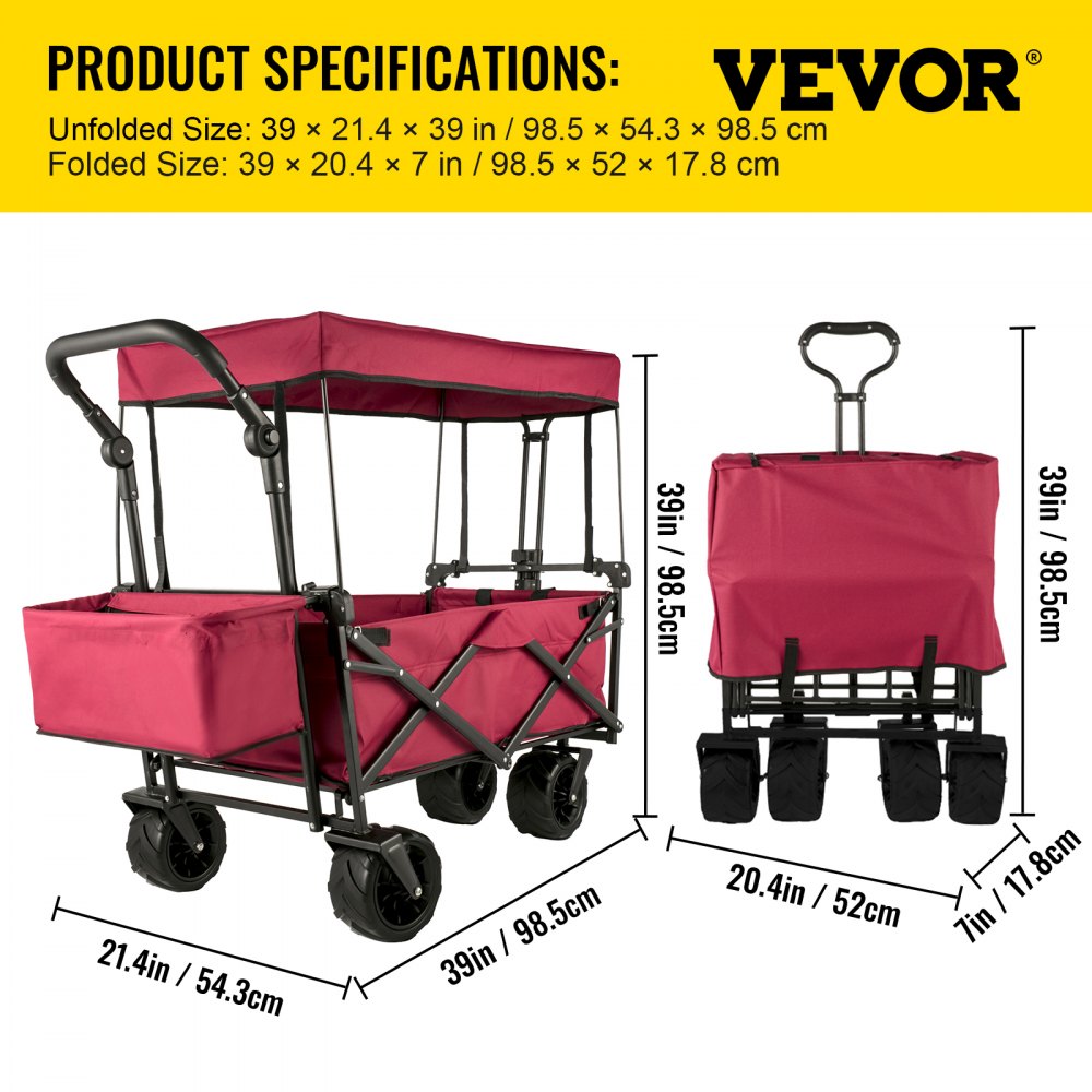 AMITOOLS Extra Large Collapsible Garden Cart with Removable Canopy, Folding Wagon Utility Carts with Wheels and Rear Storage, Wagon Cart for Garden, Camping, Grocery Cart, Shopping Cart, Red