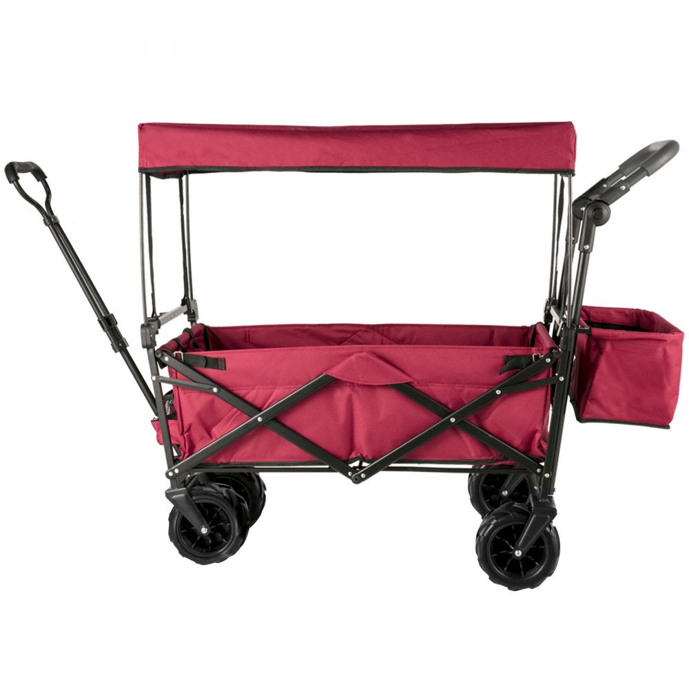 AMITOOLS Extra Large Collapsible Garden Cart with Removable Canopy, Folding Wagon Utility Carts with Wheels and Rear Storage, Wagon Cart for Garden, Camping, Grocery Cart, Shopping Cart, Red