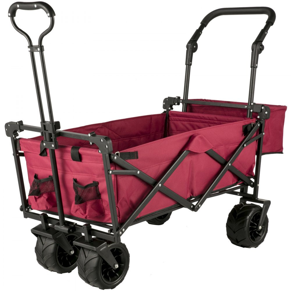 AMITOOLS Extra Large Collapsible Garden Cart with Removable Canopy, Folding Wagon Utility Carts with Wheels and Rear Storage, Wagon Cart for Garden, Camping, Grocery Cart, Shopping Cart, Red