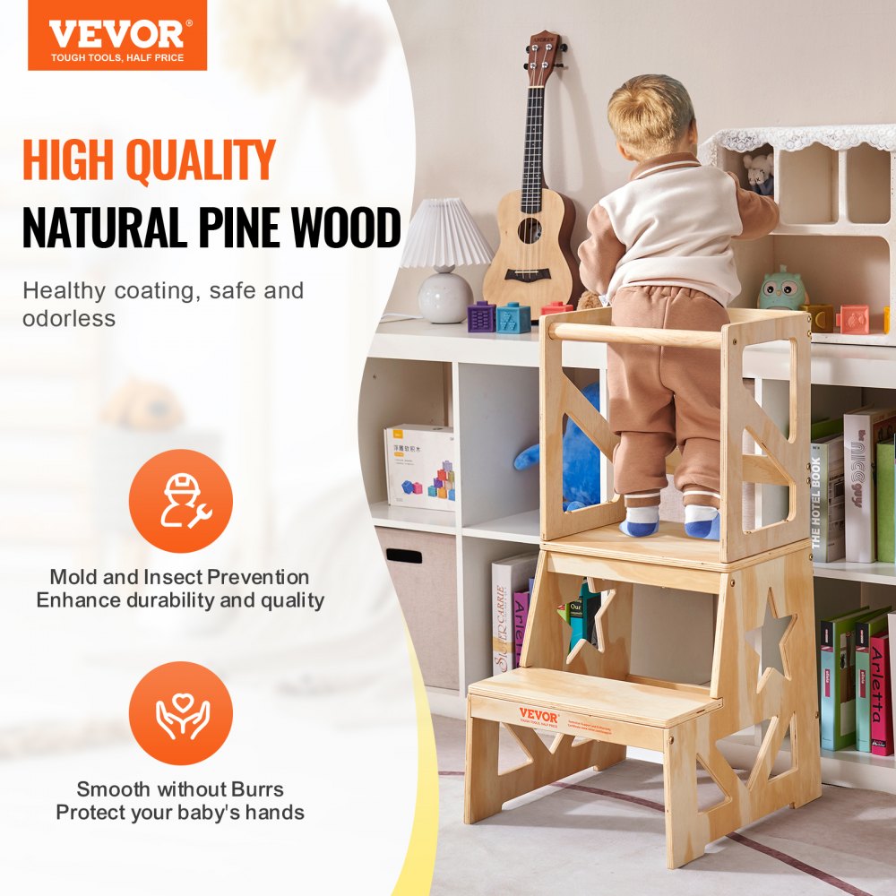 AMITOOLS Toddler Step Stool, Natural Pine Wood Kids Kitchen Stool Helper with Safety Rail, Standing Tower Learning Stool for Bedroom Bathroom Kitchen Counter, 150LBS Loading Capacity