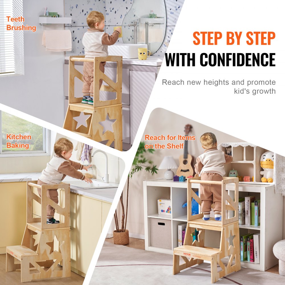 AMITOOLS Toddler Step Stool, Natural Pine Wood Kids Kitchen Stool Helper with Safety Rail, Standing Tower Learning Stool for Bedroom Bathroom Kitchen Counter, 150LBS Loading Capacity